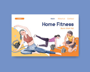 Website template with exercise at home concept,watercolor style