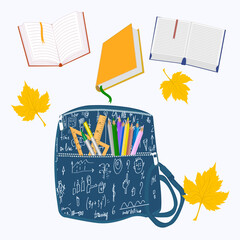 Schoolbag with doodles, triangle, pencils, books - isolated on white background - vector. Back to school. Sale of school supplies.