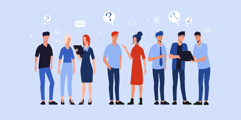 Business teamwork people standing to brainstorm discussing.