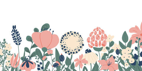 Vector illustration in  cartoon style with leaves and flowers  with place for text. Horizontal template for websites, event invitations, greeting cards, advertising banners, poster. Flower designs