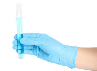 Scientist holding test tube with liquid on white background, closeup