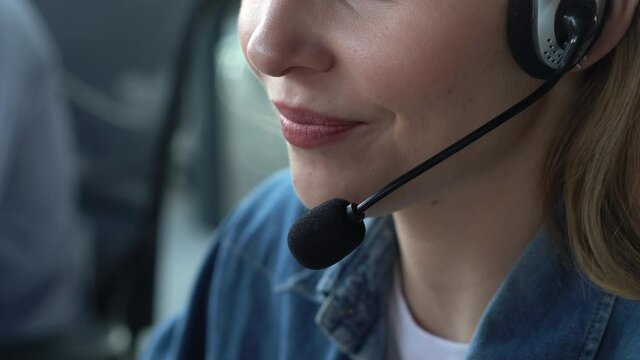 Call center, telemarketing, customer support agent provide service on telephone video conference call