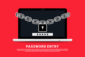 Password entry on laptop. Chain padlock locks laptop. Password security access. Verification code. Private authorization sign. Authentication login from system. Illustration vector