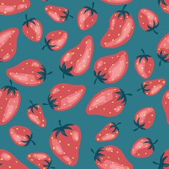 Cartoon bright strawberries seamless pattern. Vector background of fresh farm organic berry used for magazine, book,card, menu cover, web pages.