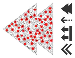 Mesh move left using outbreak style. Mesh wireframe move left image in lowpoly style with connected lines and red infection items. Vector model is created from move left with infection items.