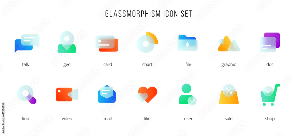 Aufkleber A set of vector icons of the modern trend in the style of glass morphism with gradient, blur and transparency. The collection includes 14 icons of different colors in a single style