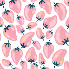 Strawberries pattern, colorful seamless vector pattern with hand drawn summer berries, pink and red fruit, good as fabric print, colored cartoon illustrations