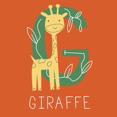 Vector flat illustration for children's alphabet. The letter G and the giraffe on the background.