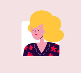 vector illustration of a blonde girl in a dress with red flowers and red lipstick
