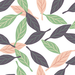 Decorative style seamless pattern with random green, pink and purple leaf ornament. Isolated backdrop.