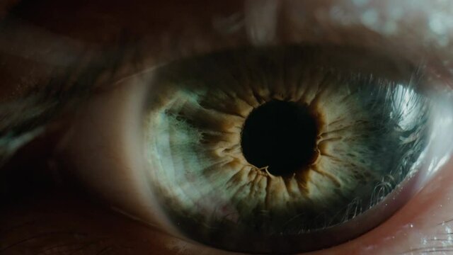 Mature person opens green eye to looks into camera in studio