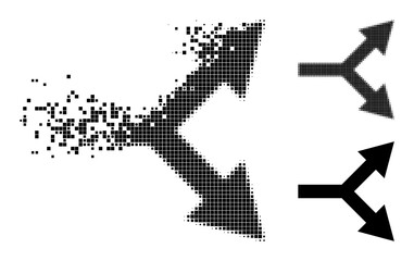 Dissipated pixelated bifurcation arrow right glyph with destruction effect, and halftone vector symbol.