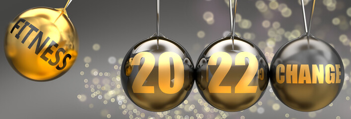 Fitness as a driving force of a change in the new year 2022 - pictured as a swinging sphere with phrase Fitness giving momentum to 2022 that leads to a change, 3d illustration