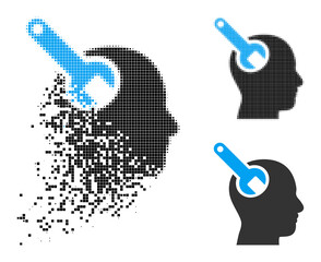 Broken pixelated brain tool icon with destruction effect, and halftone vector icon. Pixelated dissipation effect for brain tool reproduces speed and movement of cyberspace items. - obrazy, fototapety, plakaty