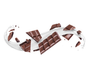 Delicious chocolate bar crushed into pieces with milk splash in white space