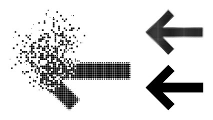 Destructed pixelated arrow left icon with wind effect, and halftone vector icon. Pixel destruction effect for arrow left reproduces speed and motion of cyberspace matter.