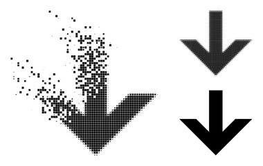 Dispersed pixelated arrow down icon with wind effect, and halftone vector pictogram. Pixelated dispersing effect for arrow down reproduces speed and movement of cyberspace items.