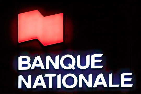 Logo Of National Bank At Night, Montreal, Canada