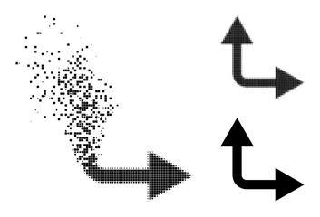 Fragmented dot bifurcation arrow right up icon with destruction effect, and halftone vector icon.