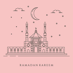 Naklejka premium line art mosque landscape background symbol illustration design, eid mubarak background design
