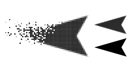 Moving dot arrowhead left glyph with destruction effect, and halftone vector composition. Pixelated destruction effect for arrowhead left shows speed and motion of cyberspace concepts.