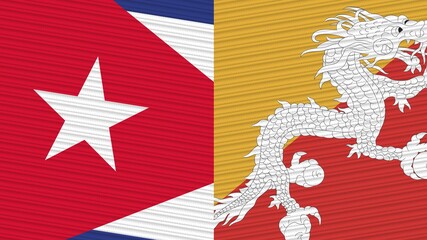 Bhutan and Cuba Two Half Flags Together Fabric Texture Illustration