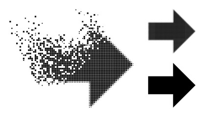 Fragmented pixelated arrow right glyph with destruction effect, and halftone vector composition. Pixelated dissipating effect for arrow right reproduces speed and motion of cyberspace items.