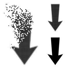 Dissipated pixelated arrow down icon with destruction effect, and halftone vector pictogram. Pixelated explosion effect for arrow down gives speed and movement of cyberspace objects.