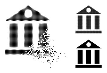 Fractured pixelated bank building pictogram with wind effect, and halftone vector pictogram. Pixelated mist effect for bank building gives speed and movement of cyberspace things.