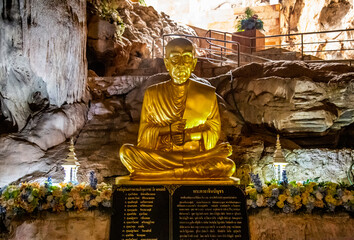 Wat tham Pu Wa temple in the cave in Kanchanaburi, Thailand