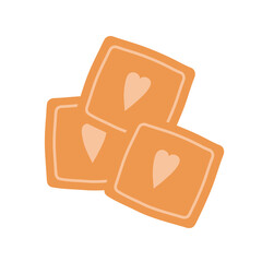 Square cookies with hearts on an isolated background. Appetizer or dessert. Flat design element. Unhealthy food. Illustration.