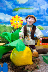 Home puppet theatre. Oldman and turnip. Russian fairytale.
