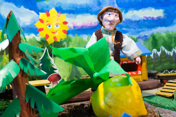Home puppet theatre. Oldman and turnip. Russian fairytale.
