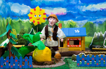 Home puppet theatre. Oldman and turnip. Russian fairytale.
