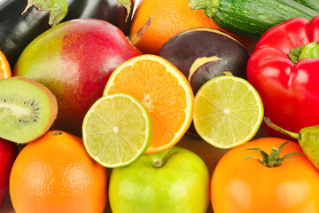 Beautiful bright background from vegetables and fruits.