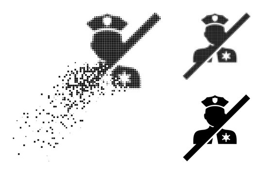 Damaged pixelated blacklisted police glyph with wind effect, and halftone vector image. Pixelated disappearing effect for blacklisted police gives speed and motion of cyberspace things.
