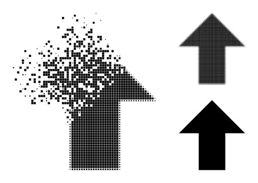 Erosion pixelated arrow up pictogram with destruction effect, and halftone vector image. Pixelated dematerialization effect for arrow up demonstrates speed and movement of cyberspace objects.