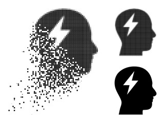 Disappearing pixelated brainstorming pictogram with destruction effect, and halftone vector pictogram. Pixelated dust effect for brainstorming demonstrates speed and movement of cyberspace objects.