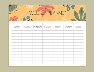 Tropical weekly planner concept. with hand drawn illustrations. - obrazy, fototapety, plakaty