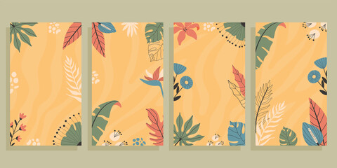 Set of four flyers with empty space for text. Tropical background concept with hand drawn illustrations.