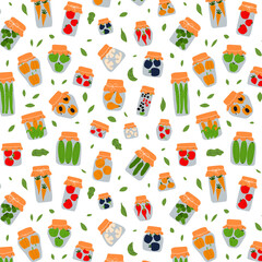 Seamless pattern with jars for pickling vegetables and fruits. Preserving vegetables and fruits. Fermented food. Autumn canning. Conservation of harvest.