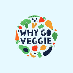 Vegetarian and raw food diet concept. Lettering Why go veggie with fruits and vegetables clipart. Flat 
 illustration. Web design for banner, poster and card