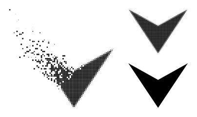 Dust pixelated arrowhead down glyph with wind effect, and halftone vector composition. Pixelated dispersing effect for arrowhead down shows speed and movement of cyberspace items.
