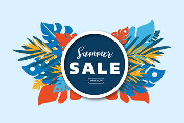  Summer sale banner design tropical leaves background.