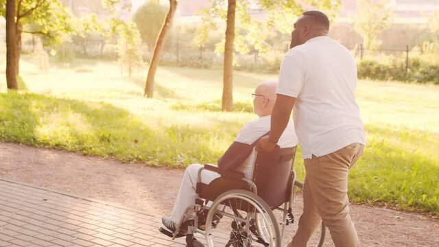 African-American caregiver and old disabled man in a wheelchair. Professional nurse and handicapped patient in the park. Assistance, rehabilitation and health care. Golden hour sunset.