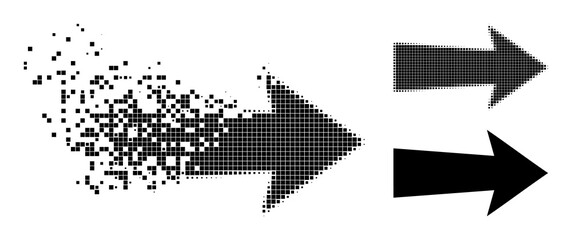 Destructed pixelated arrow right glyph with destruction effect, and halftone vector composition. Pixelated destruction effect for arrow right shows speed and movement of cyberspace abstractions.