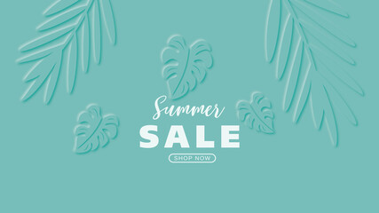 Summer sale text banner. Vector background. Tropical leaves design.