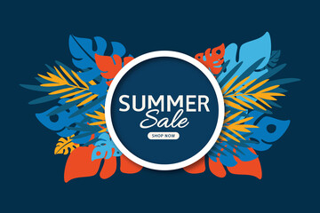Summer banner for sale with design tropical leaves background. Vector illustration.