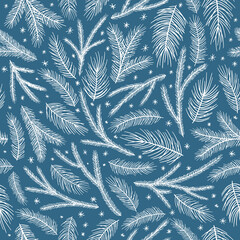 Christmas seamless pattern. Pine twigs, red berries, snowflakes. Season greeting digital paper. Winter Xmas holidays.