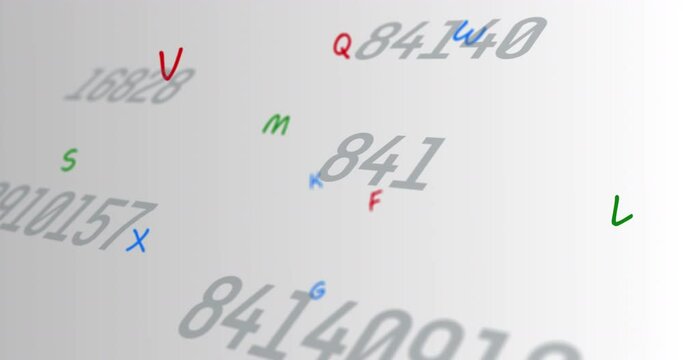 Digital animation of multiple changing numbers and alphabets floating against grey background